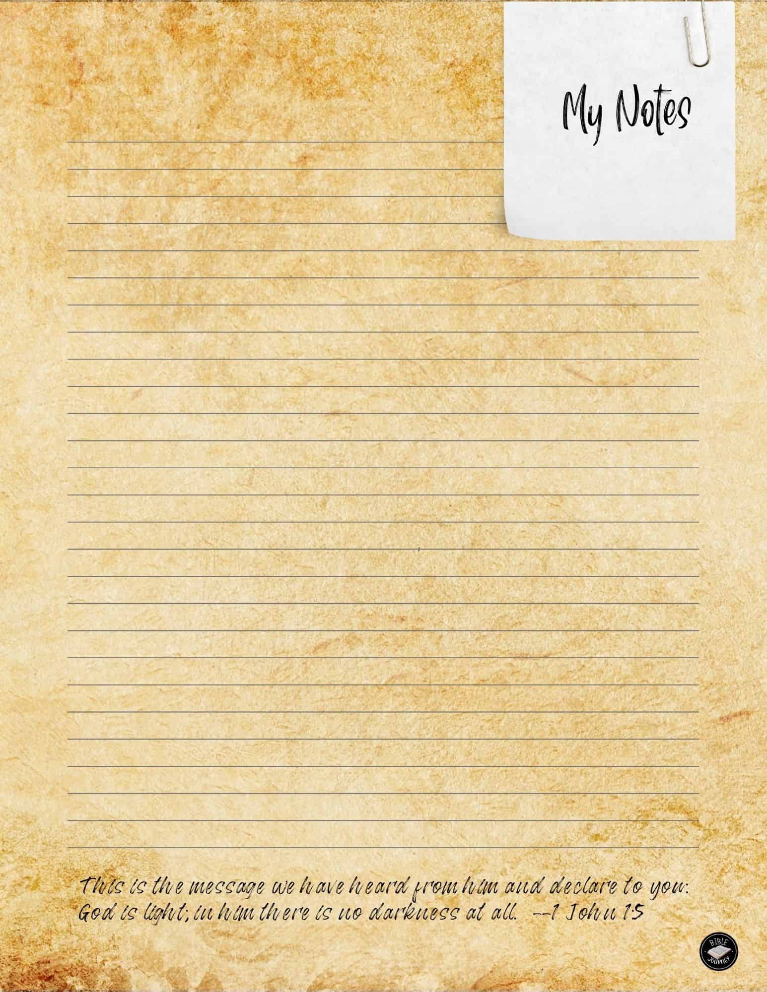 Free Printable 8 1/2 x 11 Scripture Notebook Paper. [1 John 1:5 NIV] [1 John 1:5 NIV] This is the message we have heard from him and declare to you: God is light; in him there is no darkness at all.