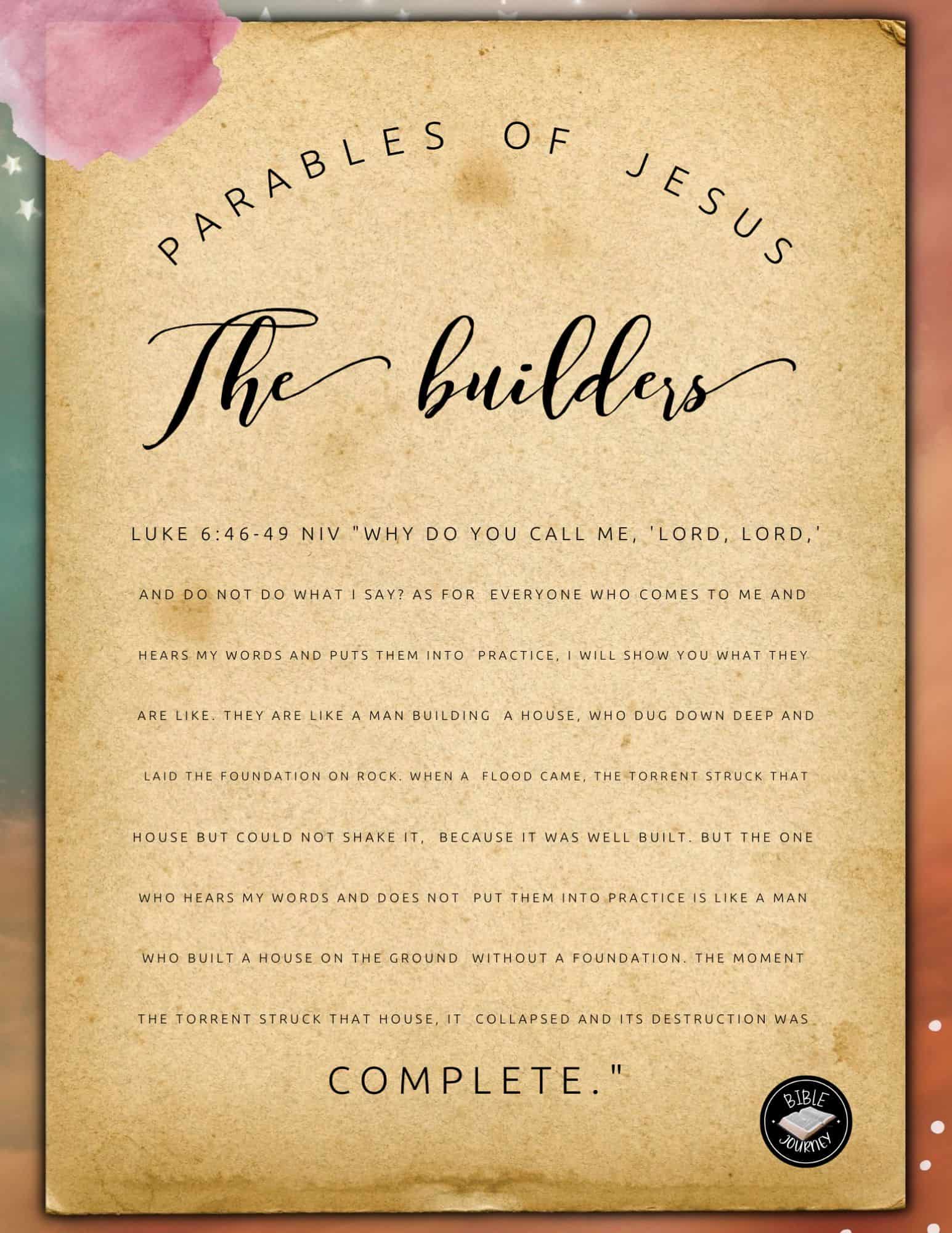 [Luke 6:46-49 NIV] "Why do you call me, 'Lord, Lord,' and do not do what I say? As for everyone who comes to me and hears my words and puts them into practice, I will show you what they are like. They are like a man building a house, who dug down deep and laid the foundation on rock. When a flood came, the torrent struck that house but could not shake it, because it was well built. But the one who hears my words and does not put them into practice is like a man who built a house on the ground without a foundation. The moment the torrent struck that house, it collapsed and its destruction was complete."