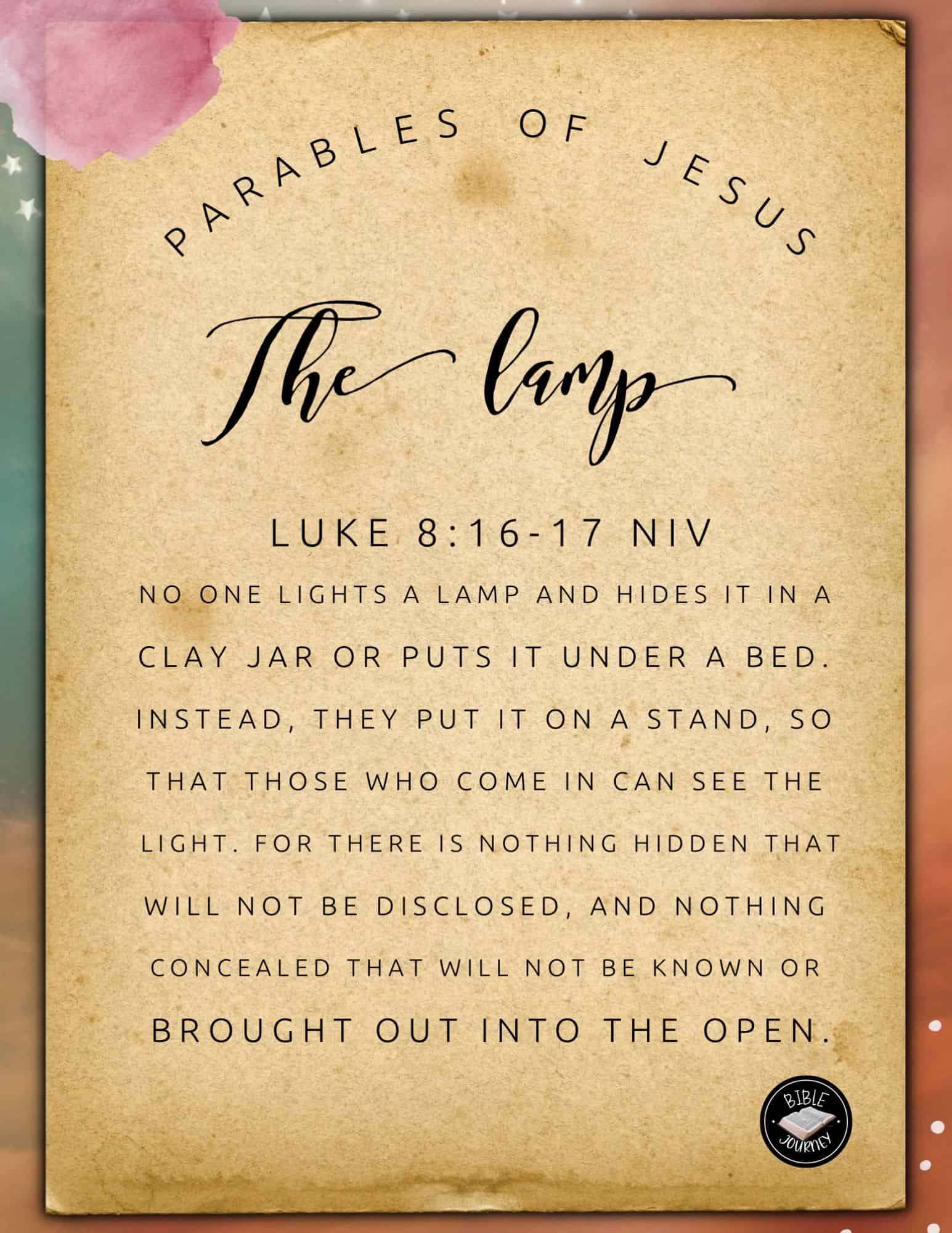 [Luke 8:16-17 NIV] "No one lights a lamp and hides it in a clay jar or puts it under a bed. Instead, they put it on a stand, so that those who come in can see the light. For there is nothing hidden that will not be disclosed, and nothing concealed that will not be known or brought out into the open.